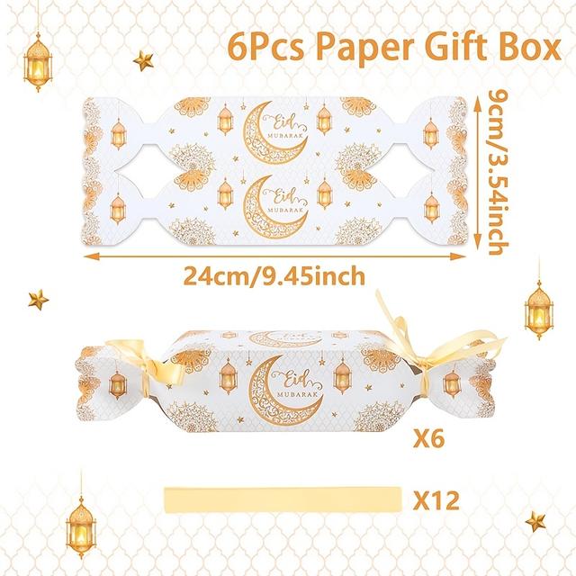 TEMU Set Of 6 Gift Boxes Featuring A White And And Design, Complete With Ribbons. Perfect For Home Decoration During Ramadan And For Celebrations, Including Eid Al-fitr Gifts