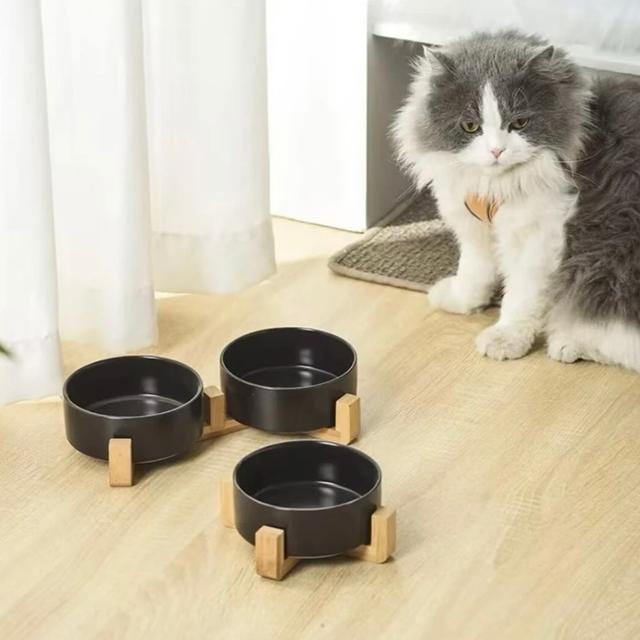 TEMU Porcelain Pet Feeding Bowl Set With Wooden Stand, Non-slip Dual Bowls For Cats And Dogs, Spill-proof And Easy-to-clean Durable Feeders, Ceramic Double Pet Food Dish With Water