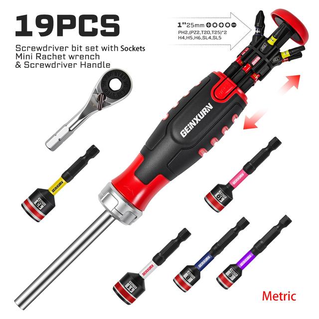 TEMU Sada 19 ks ráčnových bitů šroubováku, 1 ks ráčnový šroubovák (jednodílný), 1 ks klíč, 12 ks bitů (PH1*1, PH2*2, PH3*1, SQ1*1, SQ2*1, SQ3*1, T20*2, T25*2, SL#8*1), 5 ks 65Mm maticové pohon