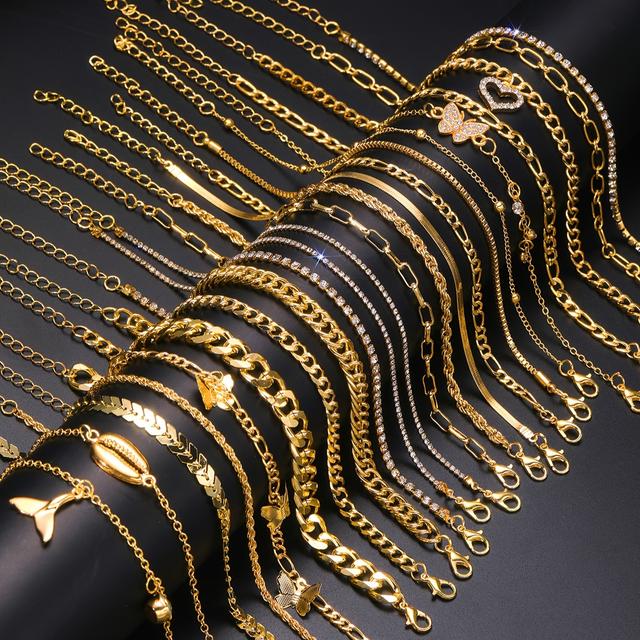 TEMU 22 st Trendiga Bohemiska Förklädnadsskal Hjärta Fjäril Strass Bling Bling Glänsande Fishtail Rund Pärla Orm Kedja Lås Kedja Twist Kedja Flygplanskedja Metallstil Anklet, Stora Set