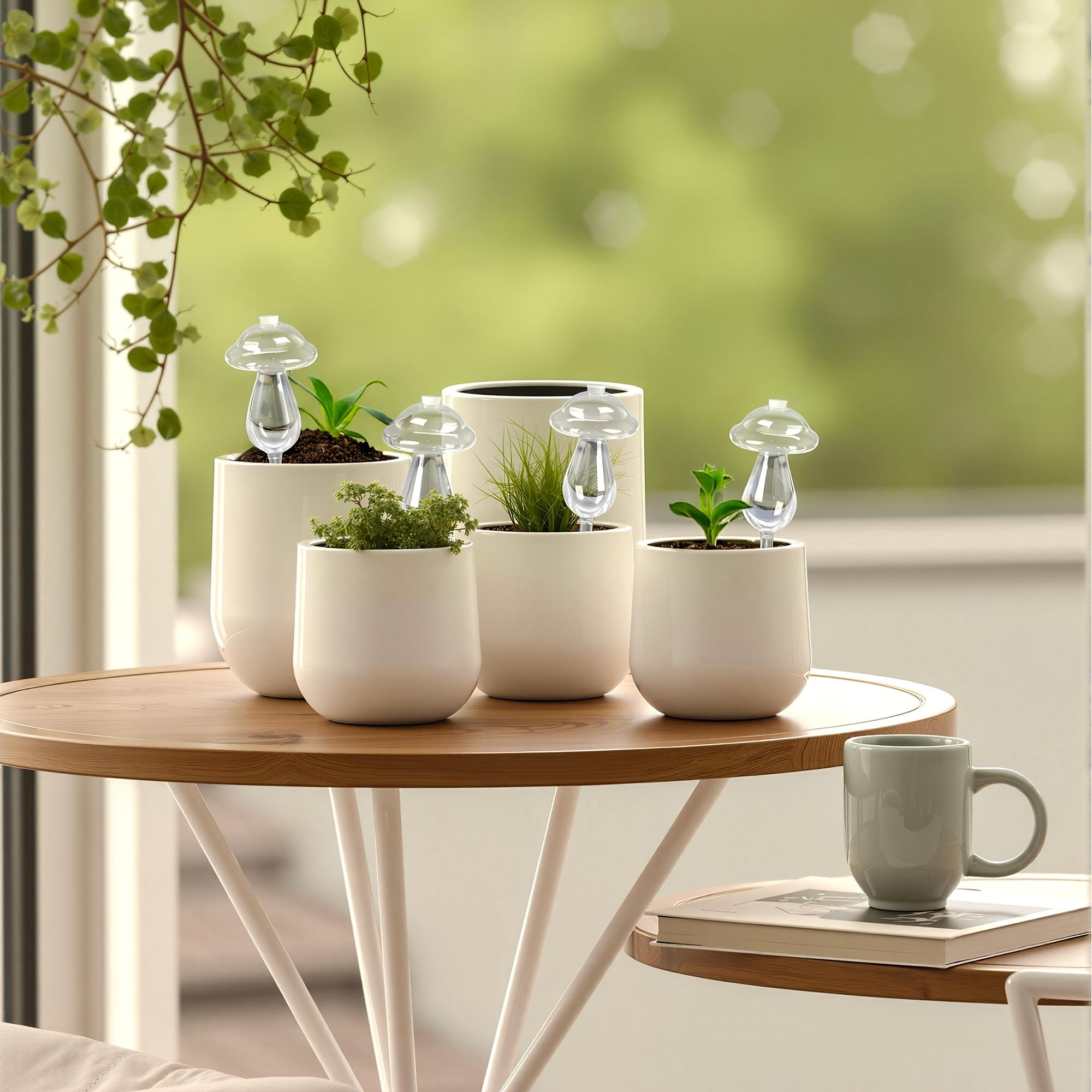 TEMU 4pcs Plant Watering Set, Mushroom-shaped Glass Self-watering Globes With Transparent Water Level Design, Ideal For Indoor And Outdoor Potted Plants | Vacation Plant Waterer | Glass Plant Stakes