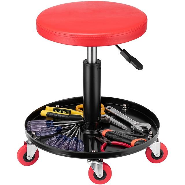 TEMU Adjustable Height Workshop Stool With A Roller Seat, Of Supporting Up To 120 Kg, With A Height Range Of 42-56 Cm, A Seat Diameter Of 30 Cm, And Equipped With A Storage Tray And 5 Swivel Wheels