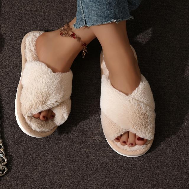 TEMU Luxurious Winter Slippers With Crisscross Plush Bands - Solid Open-toe , Non-slip Fuzzy Footwear, Perfect For Cozy Evenings At Home.slides For Woman, Women Shoes