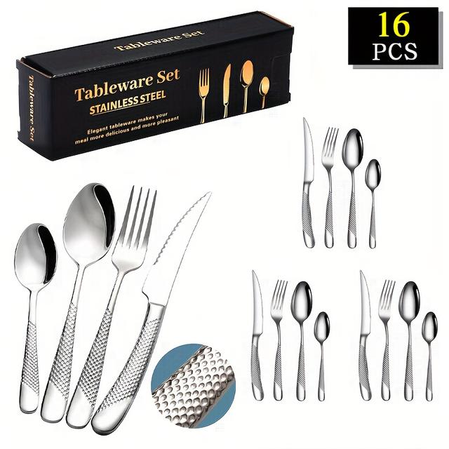 TEMU Juego de vajilla de acero inoxidable de 16 piezas | Elegante cubertería pulida como espejo, para lavavajillas, ideal para el hogar, la cocina y