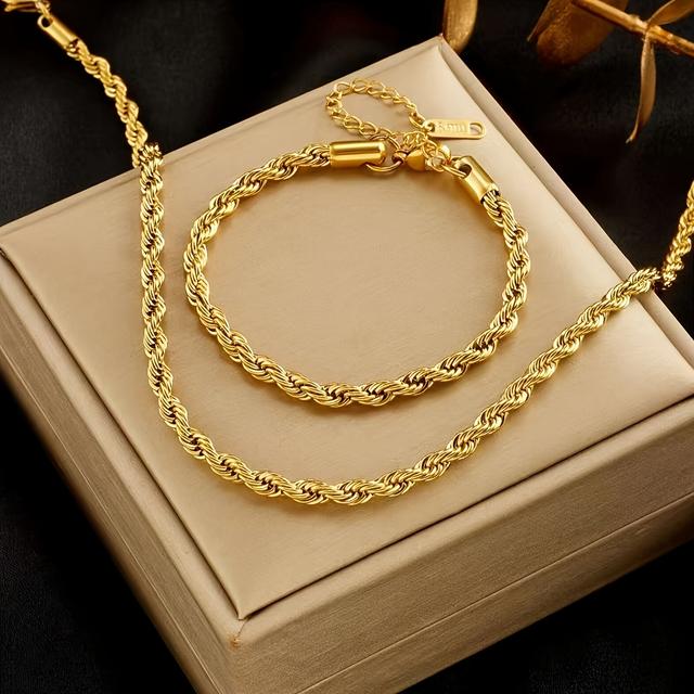 TEMU Two-piece Gold-plated Stainless Steel Necklace And Bracelet Set, Elegant , Vintage Fashion Versatile Jewelry, Women's Couple Street Daily Commute Wedding Holiday Party Accessories