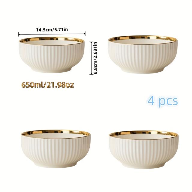 TEMU 4pcs Luxury Ceramic Set, Salad And Fruit Serving Bowls, Round Kitchenware For Noodles, Salads, And Fruits - Dishwasher Safe