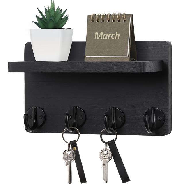 TEMU Key Holder Wall Mount, 8.5 Inch Small Home Decor Wooden Wall Organizer With 4 Hooks And Shelf, Wall Decor For Living Room Entryway Kitchen