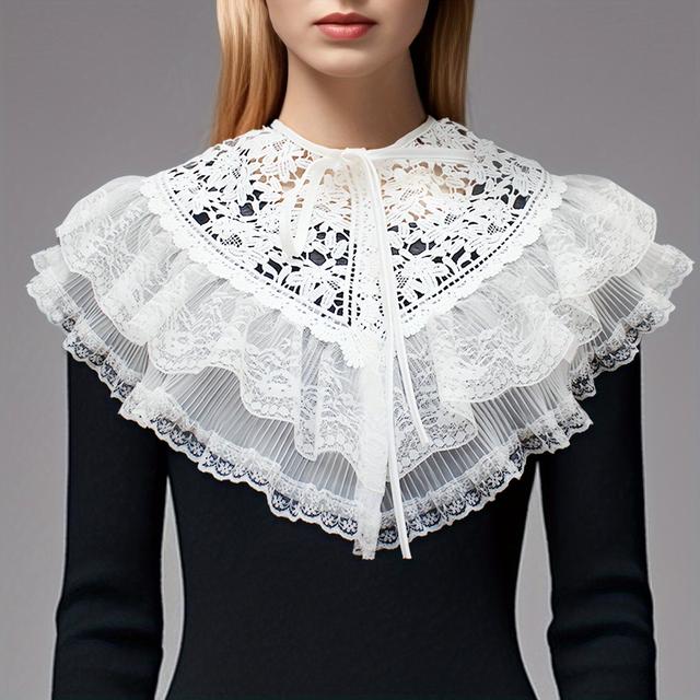 TEMU Bufanda de Encaje Floral Doble Capa para Mujer - Cuello Desmontable Grande con Borde Fruncido Delicado, Accesorio para Todas para Camisetas, Suéteres y Vestidos, Lavable a Máquina