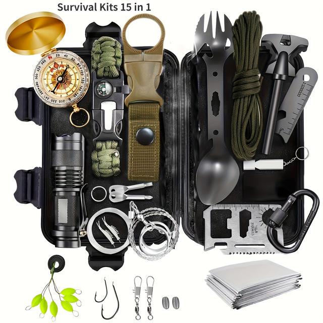TEMU 1 Survival Kit Without Batteries 15-in-1 Camping Additions Camping Hiking Hunting
