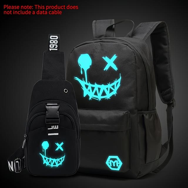 TEMU 2pcs Set Campus Double Shoulder Bag Chest Bag With Print Oxford Backpack Large Capacity Lightweight Versatile Bag Random Print