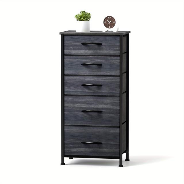 TEMU Chest Of Drawers With 5 Drawers, Fabric Dressers With Handle, Sturdy , Storage Drawers For Bedroom, Closet, Clothes, Black Wood Grain