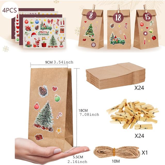 TEMU 24 Papierbeutel Adventskalender 2025 | Ausfüllbar, mit Nummernaufklebern, Holzclips, Juteschnur für Geschenktüten, Basteln und Geschenke