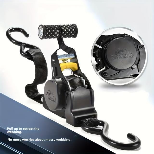 TEMU Heavy-duty Automatic Retractable Cargo Strap With + Length, 2s Quick Setup, No , Black & - Towing, Camping, And , Cargo Carrier, Metal Hardware