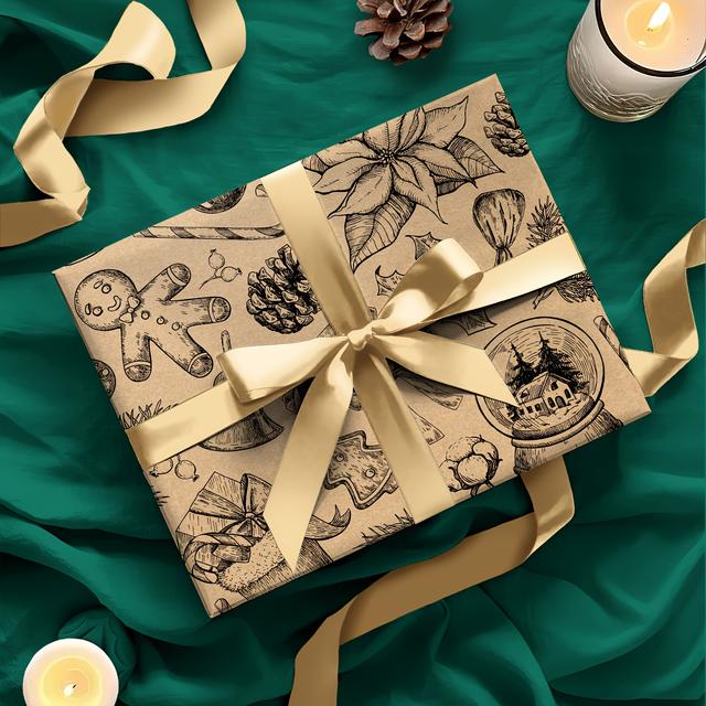 TEMU 1 Roll Christmas Wrapping Paper | Base With Hand-painted Holiday Elements Suitable For Parties, Decorations & Gift Wrap - 43cm × 500cm 17 Inches X 16.4 Feet