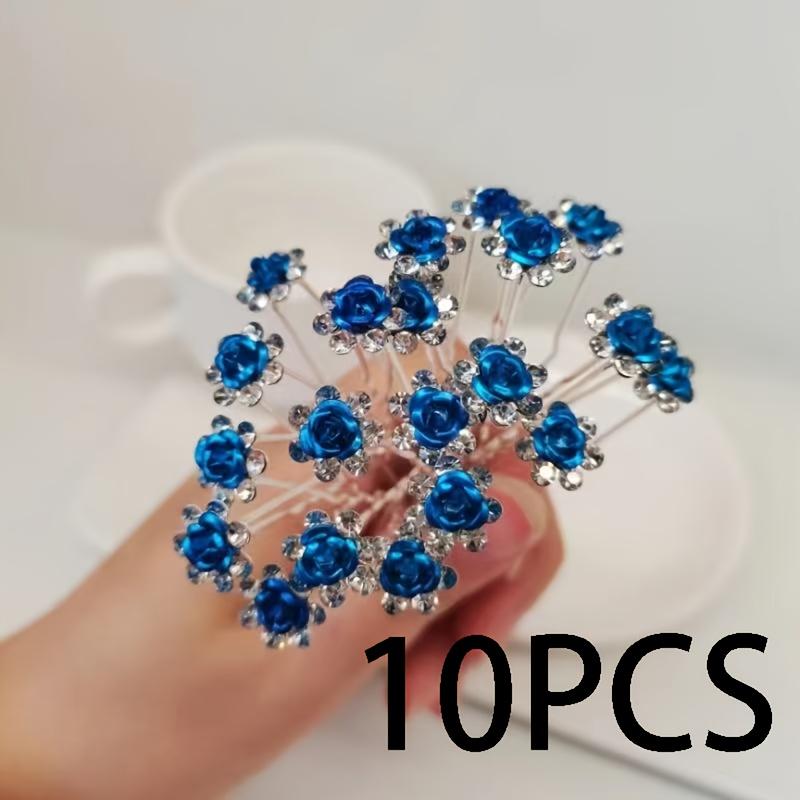 TEMU 10pcs, Women's U-shaped Blue Rose Hair Accessory, Rhinestone Rose Bridal Hairpin, Braided Hair, Hair Needle, Simple And Versatile Daily Wedding And Headwear