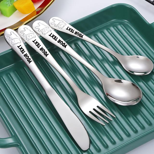 TEMU Personalised Custom Engraved Name Stainless Steel Cutlery Set Of 4, Cute Simple Cutlery Set With Bear Engraving