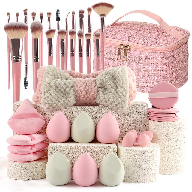 TEMU Popular 20/21/40pcs Of Pink Makeup Kit, The Set Includes A Soft Brush, A Of Makeup Eggs, A Portable Large-capacity Travel Makeup Bag, And A Full Set Of Pink 2025 Internet Celebrity Makeup Brushes