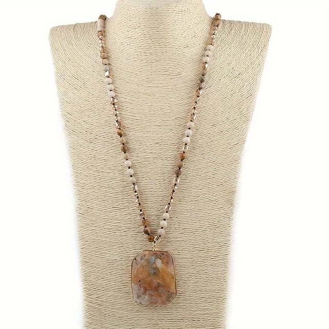 TEMU Bohemian Stone Beaded Pendant Necklace For Women - Bohemian Semi-precious Stone Crystal Mixed Necklace Square Pendant Sweater Chain- Boho Chic Daily & Gift Necklaces For All