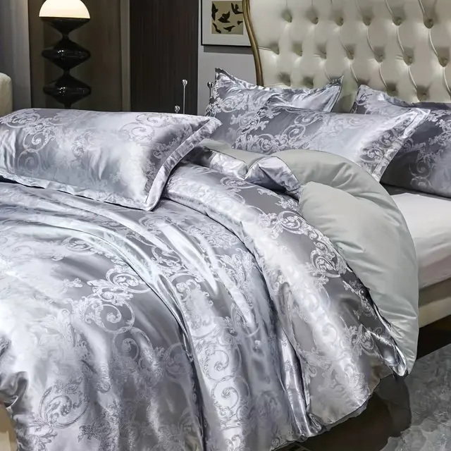 TEMU Beddengoed Set, Europese Trouwstijl, Luxe Zachte , Zilveren Jacquard Dekbedovertrekset voor Slaapkamer en Gastenkamer