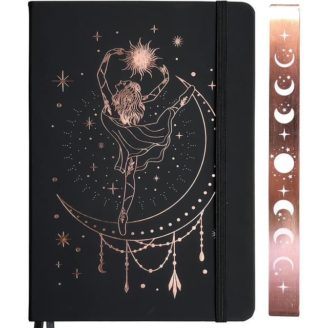 TEMU A5 Dotted Journal With Hardcover - 120gsm Sturdy Paper - 160 Pages Of 5x5 Mm Dot Grid - Black Faux Pu Leather Cover - Rose Golden Edges And Moon Designs