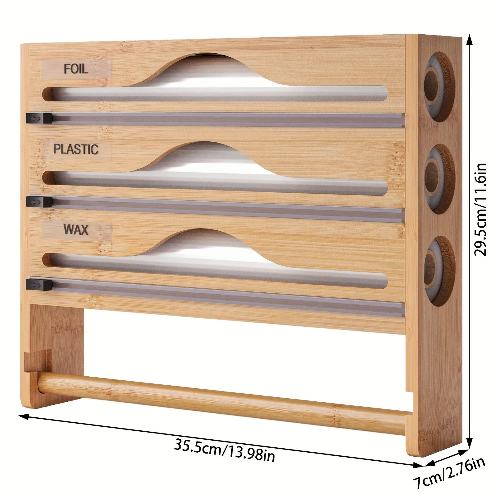 TEMU 1pc Bamboo Wrap Organizer With Cutter And Labels, Wall Mounted Paper Towel Holder, Plastic Wrap, Aluminum Foil And Wax Dispenser For Kitchen