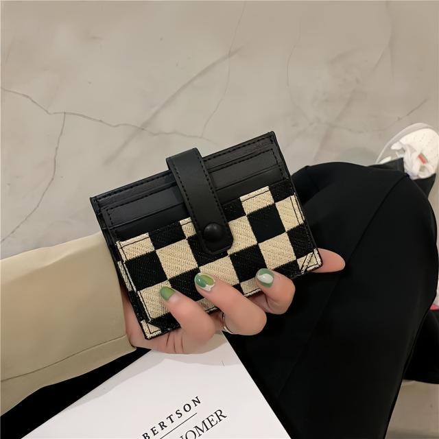 TEMU Women's Retro Checkered Wallet - Multi-card Holder With Secure Clasp Closure, Multiple Slots & Id Window - Stylish Organizer For Everyday Use