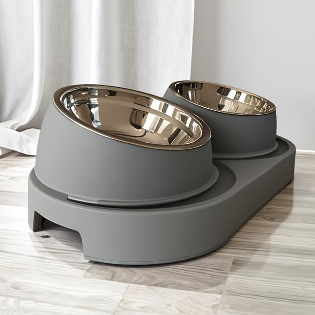 TEMU Double Bowl Stainless Steel Pet Dish, Suitable For Dogs And Cats - Non-slip Base - Anti-spill Slanted Rim Cat Bowl - Food And Water - Easy To Clean - Prevents , Slow Feeder Elevated Cat Bowl