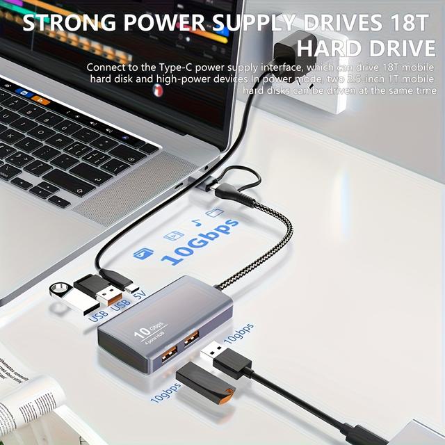 TEMU Vszapower Usb 3.2 Gen2 4-port 10gbps Adapter, Usb-a & Usb-c Combo, Data Transfer Interface, 5-in- For Laptops, Usb 3.0 Compatible, Usb 2.0 Compatible, Usb 3.0 Gen2, Usb 2.0 Gen2, Usb 3.0 Gen
