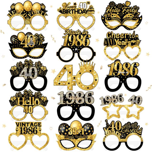 TEMU 15 Piezas de Suministros para de 40 Años - Decoraciones de Números en y Dorado con el Año 1986, Gafas de Papel y Decoraciones Numeradas para Foto Booth de 40 Años para Hombres y Mujeres