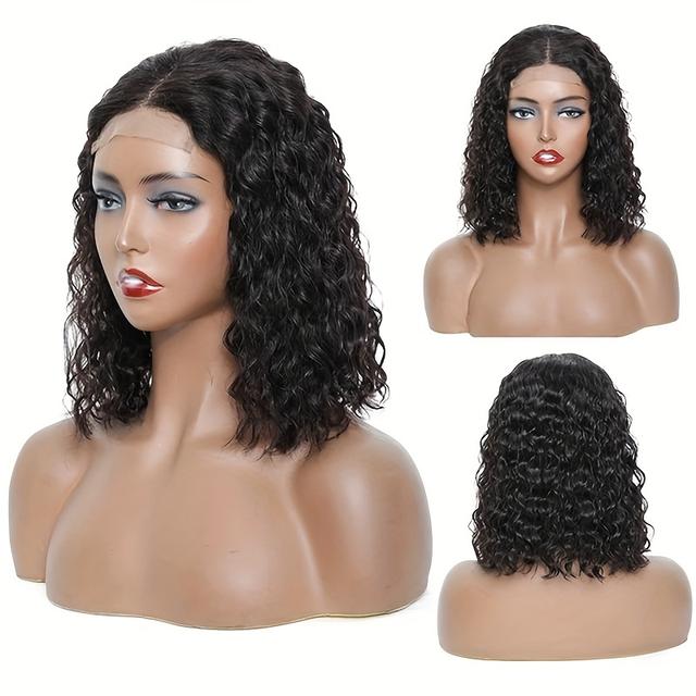 TEMU Glueless 4x4 Lace Closure Bob Wig Human Hair Water Wave 14 Inch - Pre-plucked 150% Density Elegant Bob Wigs For, Hair Wigs, Versatile Hairpiece, Water