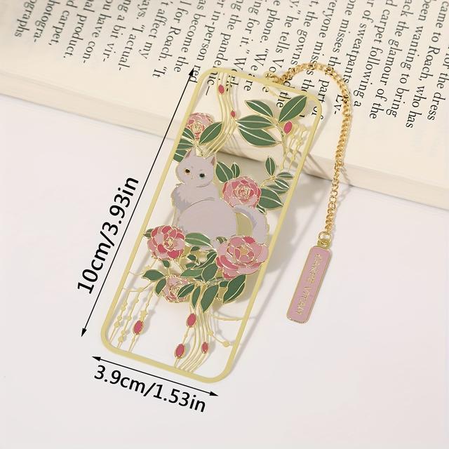 TEMU 花柄猫のしおり 1個、金属製定規しおり、メタル製、ルで癒されるキュートなスタイル、学生向けギフト、中抜きデザインの文化的で創造的なしおり