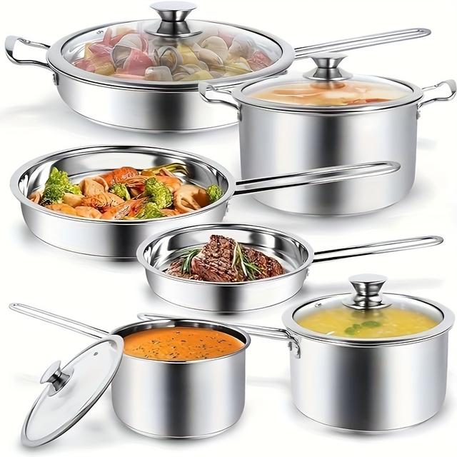 TEMU 10-piece Pots And Pans Set, Stainless Steel Cookware Set- Includes Ergonomic Handle Saucepans, Skillets, Dutch Oven, , Steamer & More - Premium Pots And Pans For