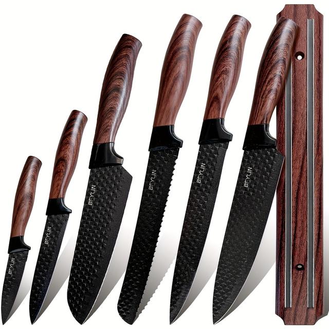 TEMU 7pcs Kitchen Knife Set, Kitchen Knife Set With Magnetic Knife Holder, Kitchen Knives, Stainless Steel Sturdy And Durable, Brown Handles, Suitable For Kitchen