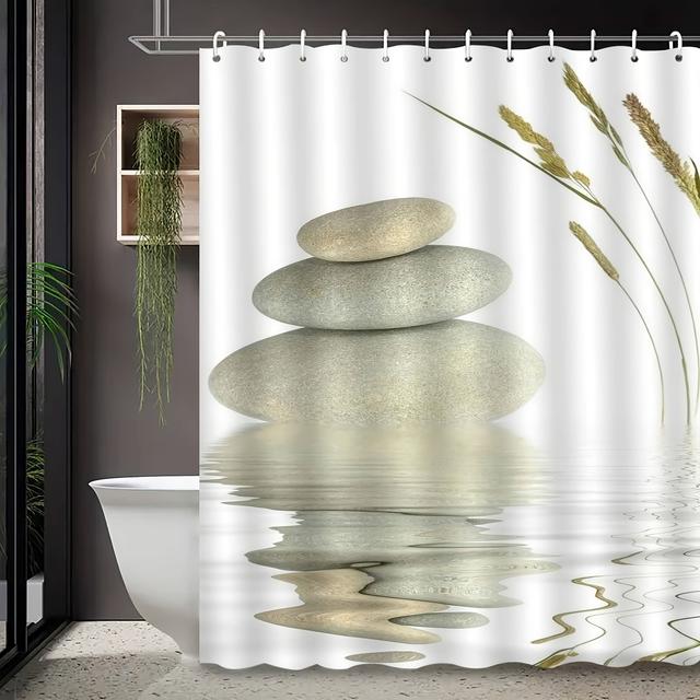 TEMU And Water Reflections Polyester Bath , Elegant Fog-resistant Bathroom Decor With Hooks, Machine Washable, Knit Weave, Universal Design