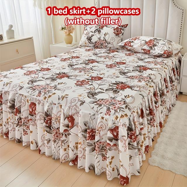 TEMU A Set Of 3 Vibrant Floral Bed Skirts With Dense Leaf Branch Prints, Including 1 Bed Skirt And 2 Pillowcases (excluding Pillow Inserts). Soft And Comfortable With Ties