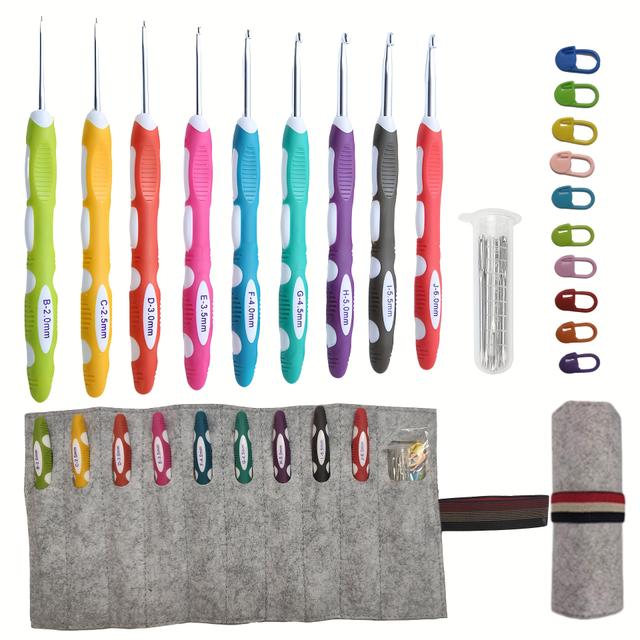 TEMU Set mit 29 ergonomischen Häkelnadeln mit Roll-Up-Filtertasche, entwickelt mit langen, weichen Griffen, geeignet für Menschen mit Arthritis, erhältlich in den Größen B bis J.