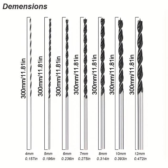 TEMU 7pcs Brad Point Drill Bit Set Extra Long 300mm Center Locator Twist Carbon Steel Woodworking For Hardwood Plywood Plastic Aluminum