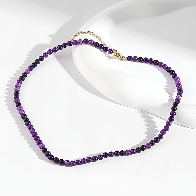 TEMU Natural Stone 1pc Women's 4mm Natural Amethyst Bead Necklace Round Stone Dainty Daily Jewelry Vibrant