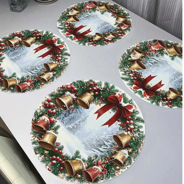 TEMU Ensemble de 4 Sets de Napperons Ronds avec Cloches de Noël et Nœud pour Couronne, 15" pour Décoration de Table de Fête, Cuisine et Salle à Manger, Décoration de Noël pour