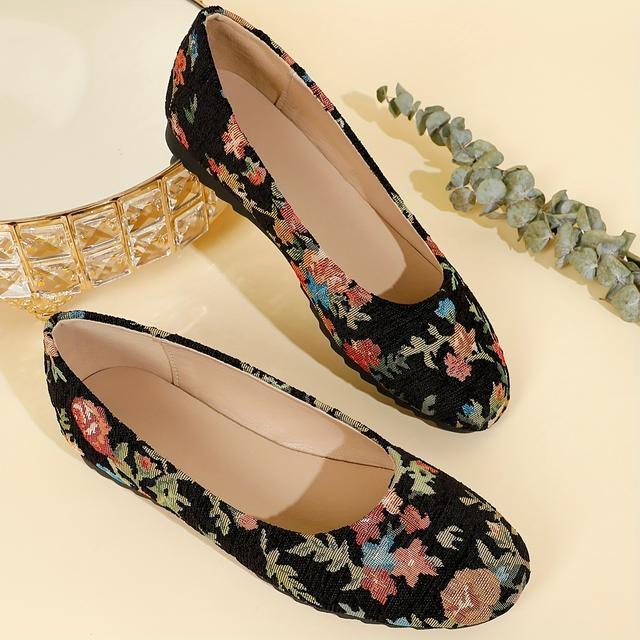 TEMU أحذية نسائية مسطحة جديدة بمقاسات كبيرة، بتصميم دائري الأمام، سهلة الارتداء، بتصميم زهري ثلجي للعمل والاسترخاء