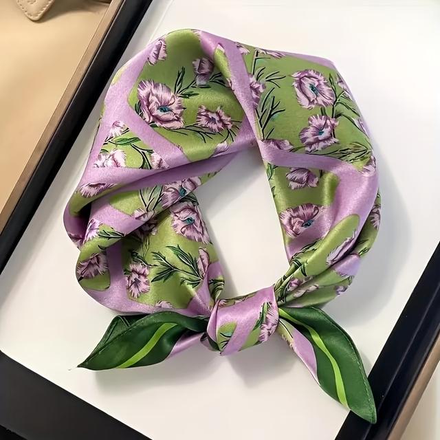 TEMU 27.5-inch Green Floral Scarf, Elegant Thin Satin Decorative Neckerchief, Spring/summer Women's Headscarf