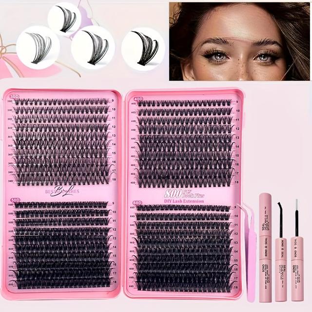 TEMU Набір для самостійного наращування вій "DIY Eyelash Cluster" 800/200 шт. 30D40D50D60D Одинарні вії, Супертовсті, D-форма 9-16мм Змішана довжина вій, DIY вдома, Ефект легких мультяшних вій