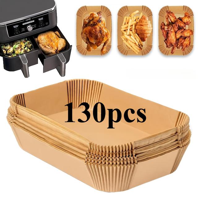 TEMU 130 Stück Antihaft-Bratpfannen-Einwegfolien | Rechteckiges Backpapier für Doppel-Korb-Airfryer, ideal für Pommes Frites, Chicken Nuggets, Flügel - Unverzichtbares Küchenzubehör