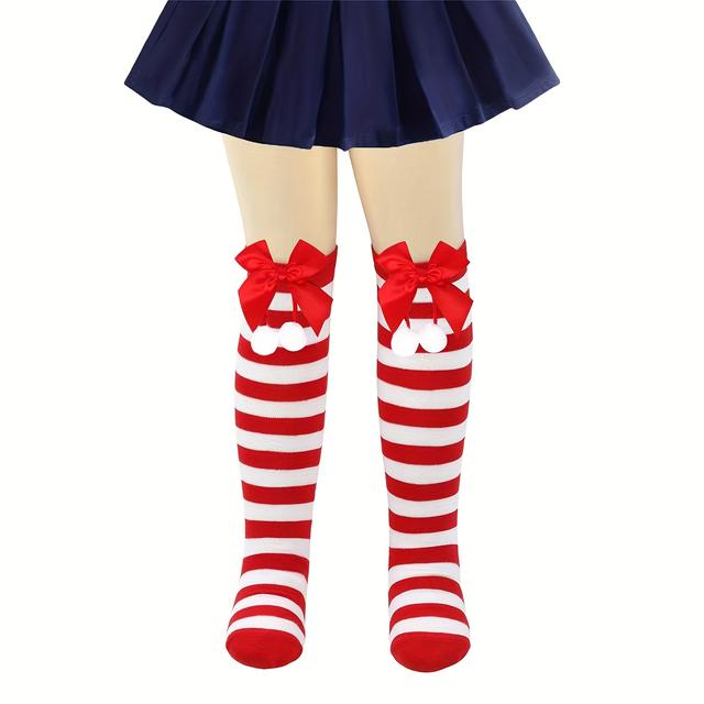TEMU A Pair Of Girls' Knee-high Christmas Socks With Bows And Pom-poms, Featuring Festive Stripes., For Teenager, For Teenager