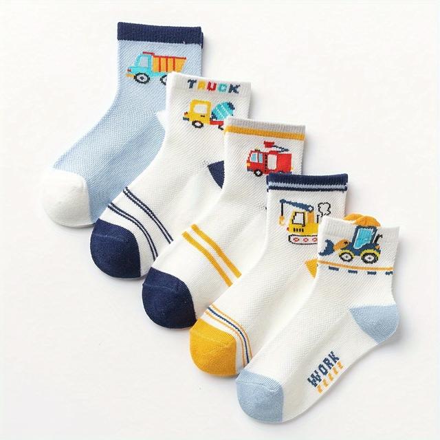 TEMU 5-er/10-er Pack Jungen-Mittellange Socken mit Cartoon-Bau- Bagger-Muster, Atmungsaktive Mesh-Kurzsocken für den