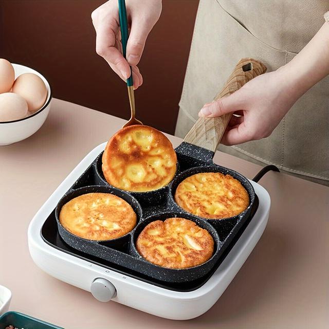 TEMU 1pcs 4 Hole Frying Pot Pan Egg Pancake Steak Pan Aluminum Material With Feature And Aluminum Handle For Breakfast