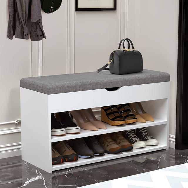 TEMU Modern White 2-tier Shoe Bench With Cushioned Seat, Storage & Open Shelves – Sturdy Wooden Frame For Entryway, Bedroom, Or Living Room Organization, Shoe Rack For Entrance
