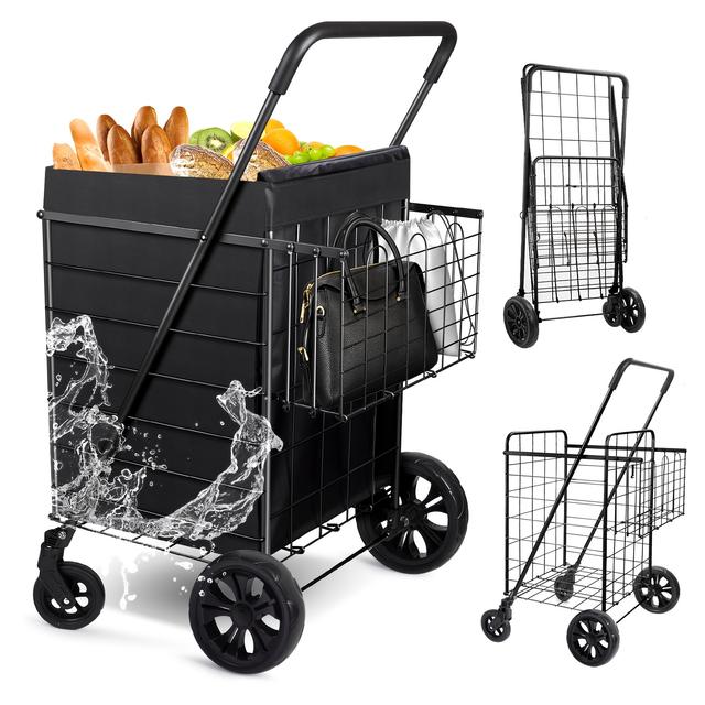 TEMU Upgraded Shopping Cart With Basket Liner & Wheels | Foldable, Collapsible, Lightweight, Extra Large Heavy Duty Utility Cart For Groceries, Shopping, Laundry - Iron Material, Brand: Nezylaf