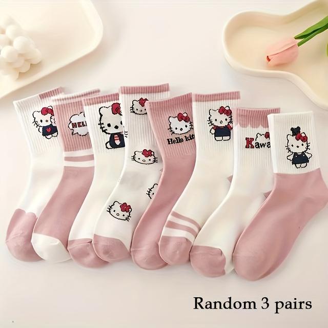 TEMU 3 Pairs Of Women's Mid-calf Socks Featuring Cartoon Kitty , Versatile And Cute In Pink, Suitable For Spring And Autumn Sports
