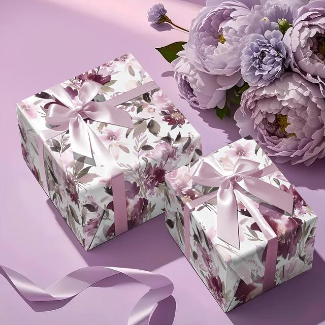 TEMU 보라-분홍색 꽃무늬 포장지 1롤. 부드러운 잉크 워시 디자인의 꽃과 잎이 특징이며 파티 장식, 선물 포장, 스크랩북 장식, 홈 벽 장식, 웨딩 플로럴 장식에 적합합니다.